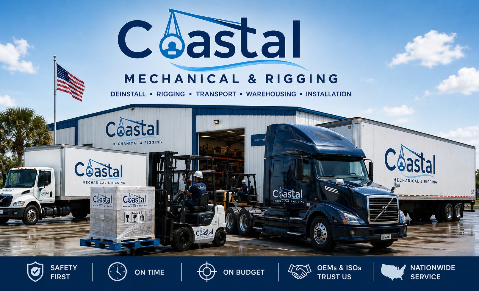 Coastal Mechanical & Rigging facility and fleet: box trucks, tractor unit and trailer, and a forklift loading crated medical equipment. Deinstall, rigging, transport, warehousing, installation.