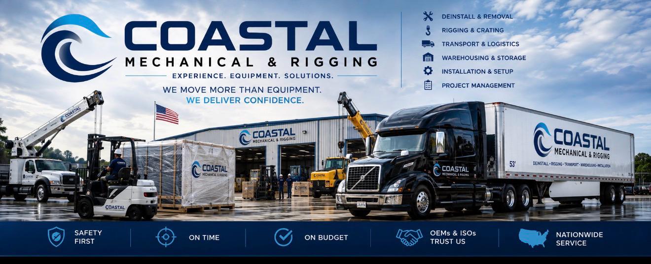 Coastal Mechanical & Rigging: deinstall and removal, rigging and crating, transport and logistics, warehousing and storage, installation and setup, project management. We move more than equipment, we deliver confidence.