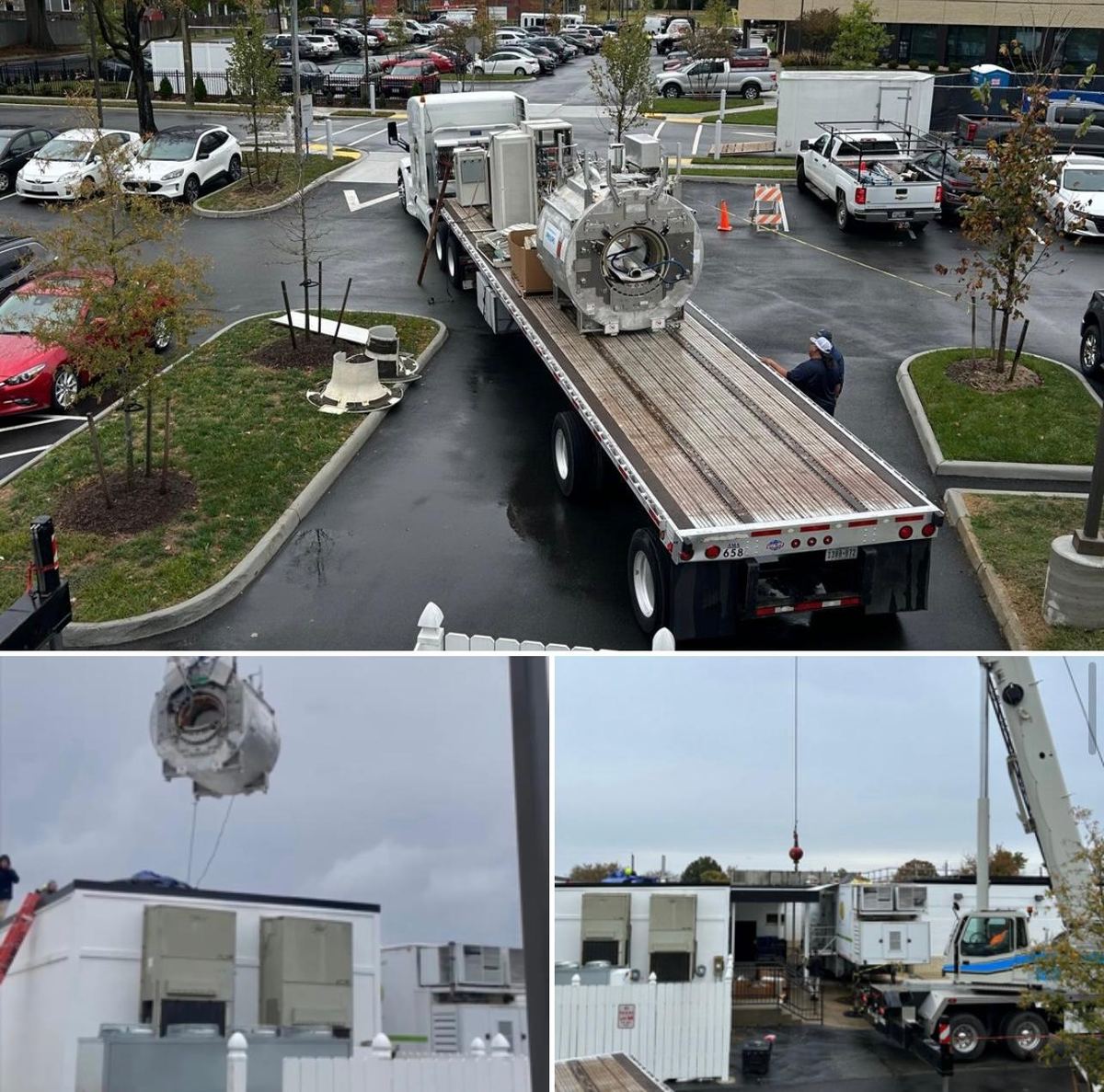 Scanner loaded on a flatbed trailer alongside a crane lifting mechanical units